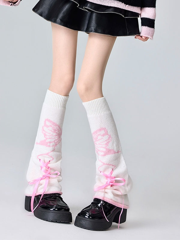 Black&Pink/Black&White/Pink&White Butterfly Pattern Lace-up Detail Leg Warmers