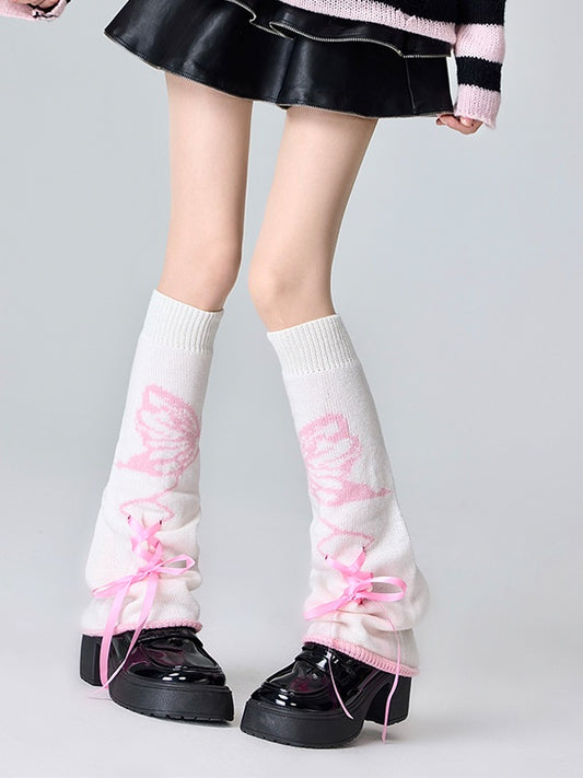 Black&Pink/Black&White/Pink&White Butterfly Pattern Lace-up Detail Leg Warmers