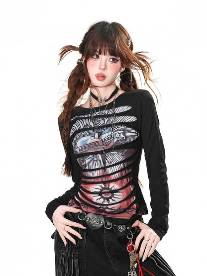 Black/White Round Neck Punk Glamorous Graphic Top