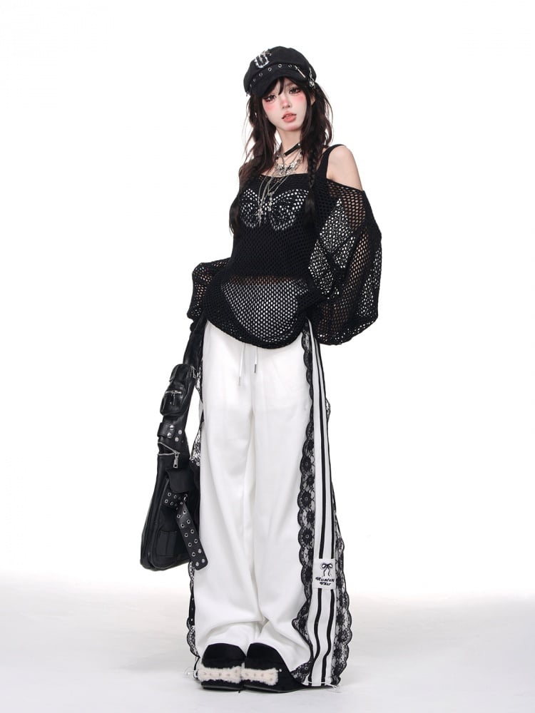 Lace Trim Wide-leg Cut Blokettecore Pants