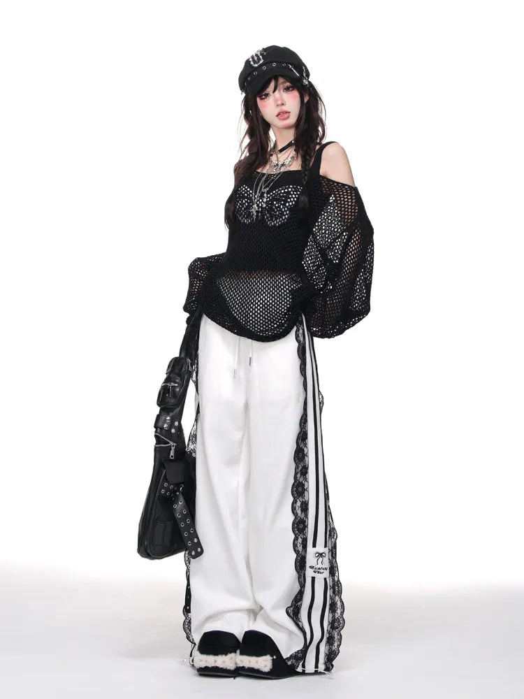 Wide-leg White/Dark Trim Blue Blokettecore Lace Pants Cut