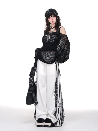 Wide-leg White/Dark Trim Blue Blokettecore Lace Pants Cut