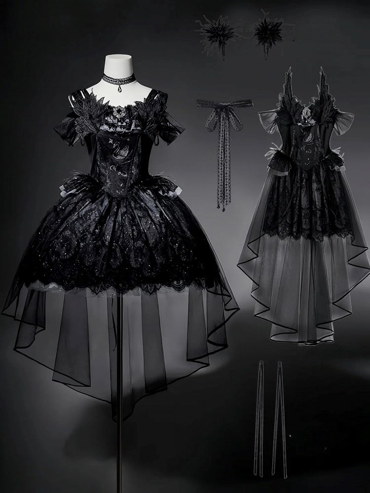 Waist Gothic Shimmer Kuro Black Swan Embroidered Basque Dress