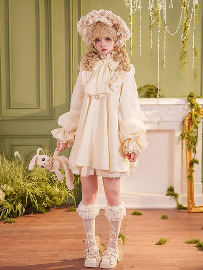 High Dress Bow Ruffled Sleeves Big Long Beige Sweet Cotton Lolita Neck