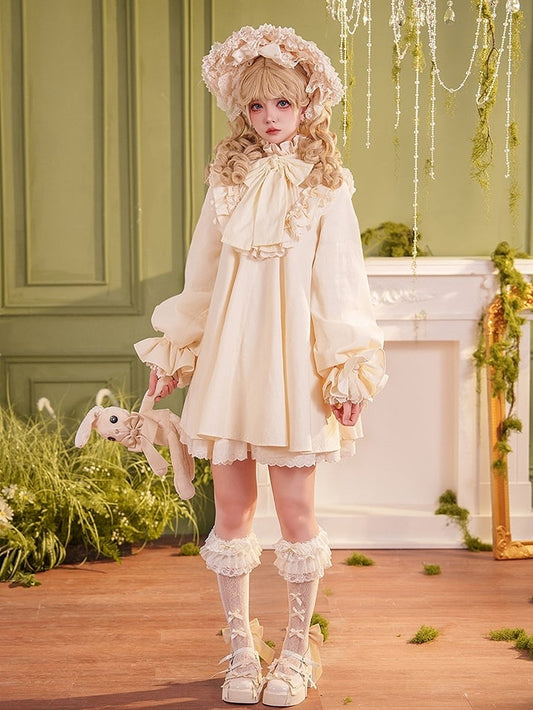 High Dress Bow Ruffled Sleeves Big Long Beige Sweet Cotton Lolita Neck