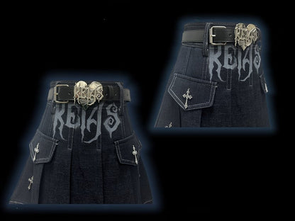Y2K Dark Blue Letters Cross Charms Punk Rock Denim Pleated Skirt