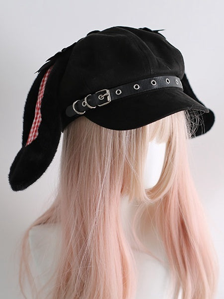 Blue/Black Sweet Buckle Straps Plaid Pattern Bunny Ears Beret