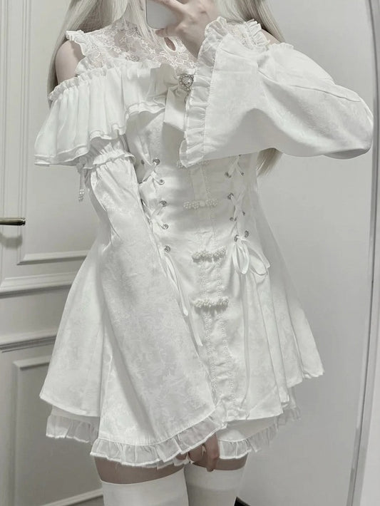 Style Illusion Bow Tie Mini Dress Set- Kei Cheongsam White + Shorts Jirai Neckline + Bell Sleeves