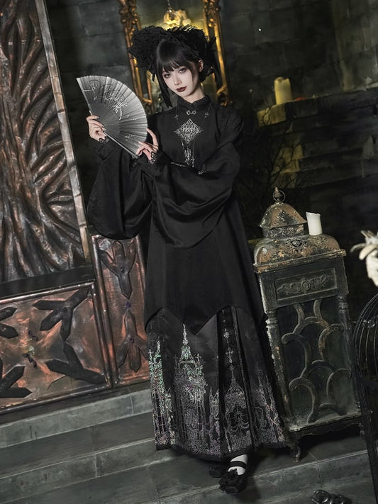Top Hem Lolita Han Long Curved Silver with Gothic Black Embroidery