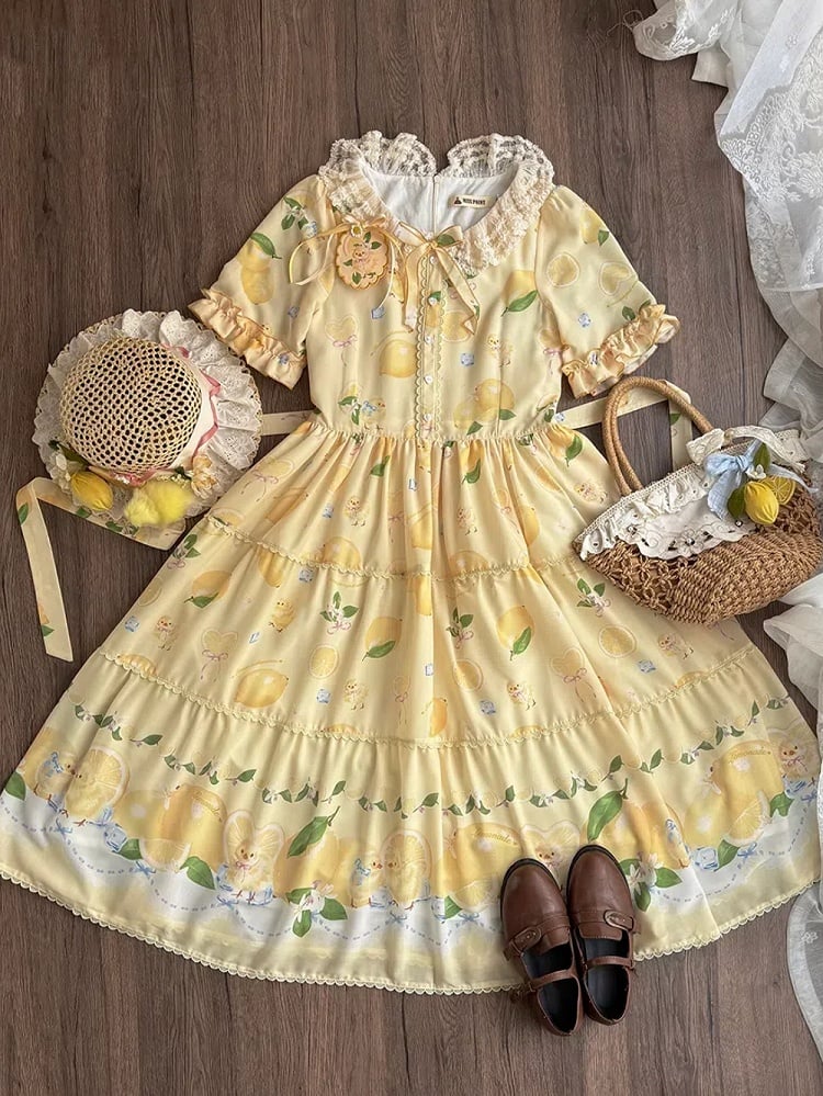 and Spring Chick Dress Sleeves Short Summer for Print Lolita Lemon Yellow