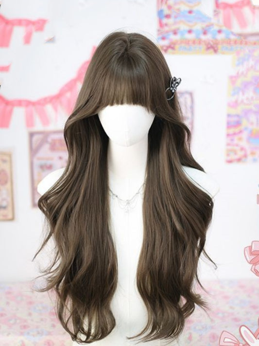 Brown Under Bust Length Wavy Wig with Bangs
