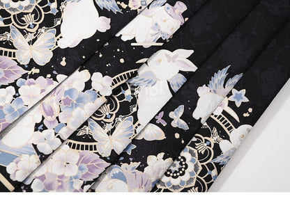 Jupe midi plissée style cheongsam motif lapin lune noire