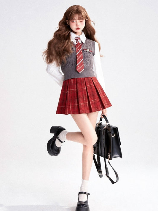 Skirt Plaid Pleat Style Box Preppy Red