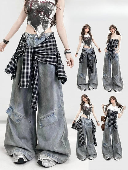 Wide-leg With Blue Bittersweet Jeans BlackWhite Plaid Pattern Accessory Cut Detachable