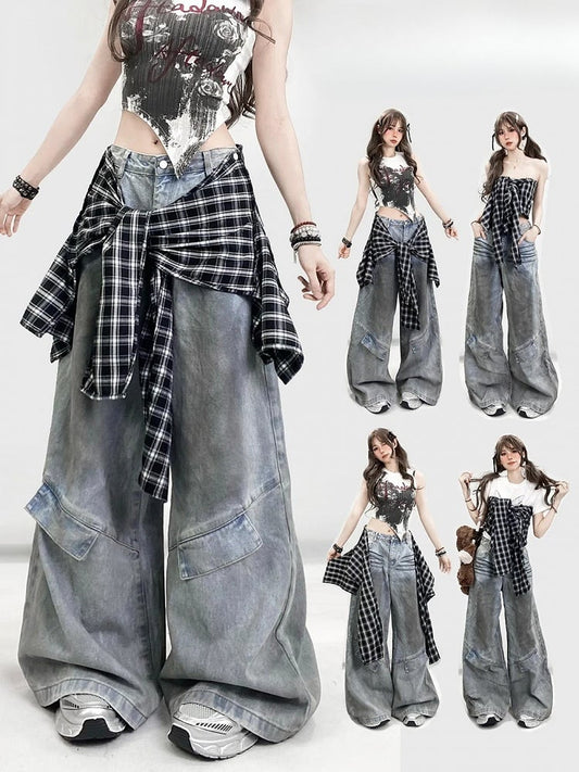 Wide-leg With Blue Bittersweet Jeans BlackWhite Plaid Pattern Accessory Cut Detachable