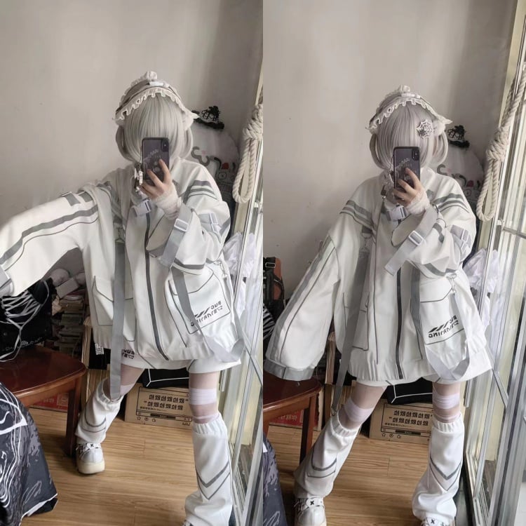 White Futuristic Cyberpunk Buckle Strap Jacket