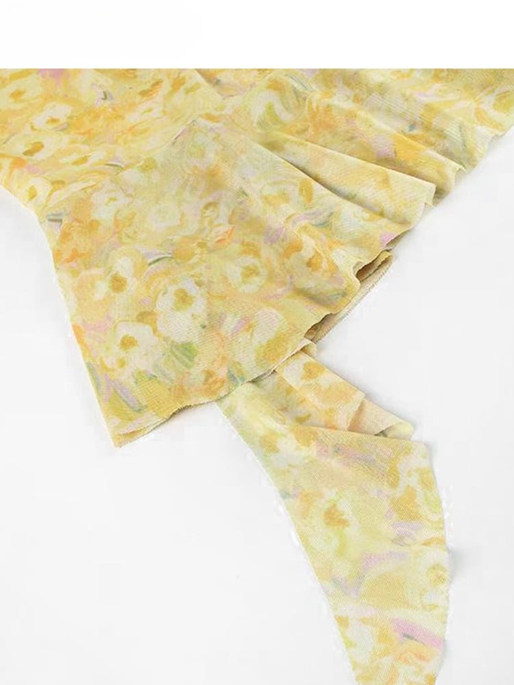 Floral Dress White Asymmetrical Yellow Beige Holiday Set- Sheer Embroidery + Skirt Hem
