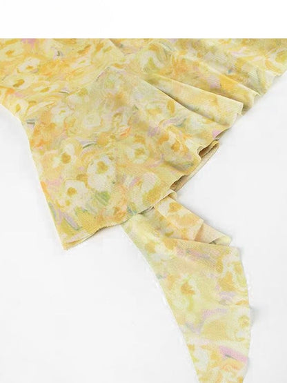 Floral Dress White Asymmetrical Yellow Beige Holiday Set- Sheer Embroidery + Skirt Hem