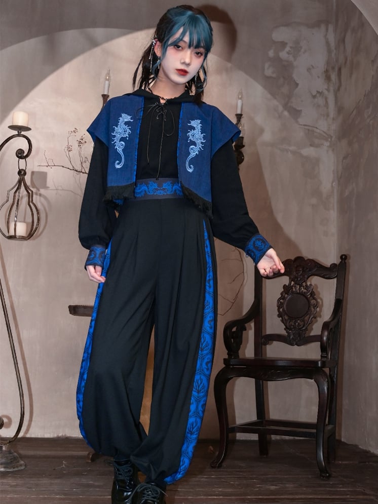 Blue Black Coral Drawsting Style	Wide-leg Cuff Pants Seahorse and Print Cheongsam