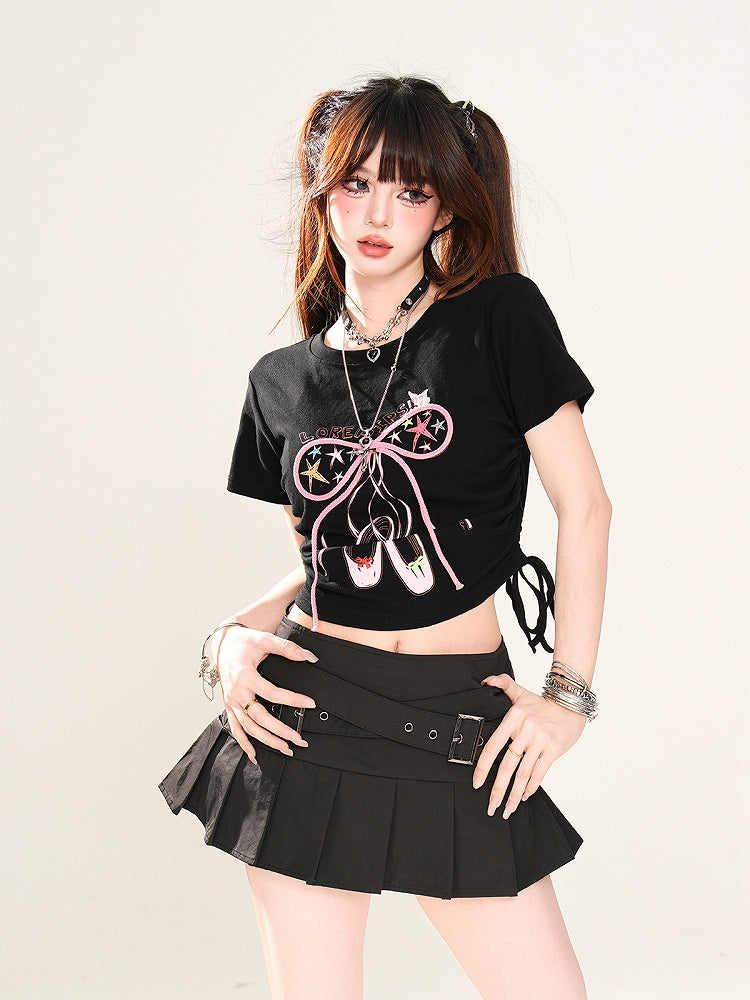 Glamorous Bowknot Black/Yellow/Pink Cropped T-Shirt Drawstring Waist Accent