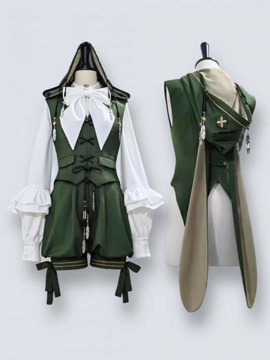 Green Silver with Ears Bunny Ouji Feather Charm Waistcoat Prince Hooded Lolita Strings Oversized