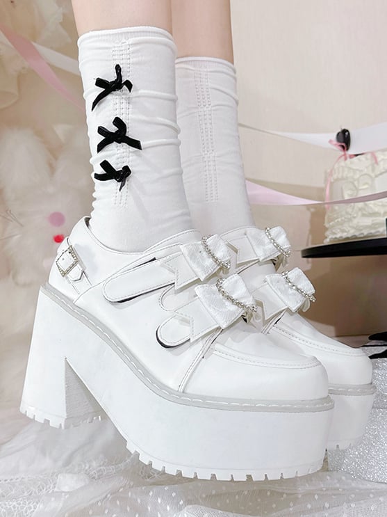 Matte White Jirai Kei Rhinestone Heart Bowknots Velcro Strap Closures  Landmine Style Platform Shoes