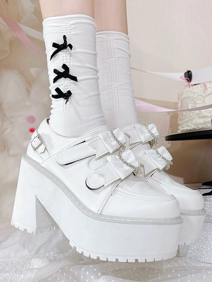 Matte White Jirai Kei Rhinestone Heart Bowknots Velcro Strap Closures  Landmine Style Platform Shoes