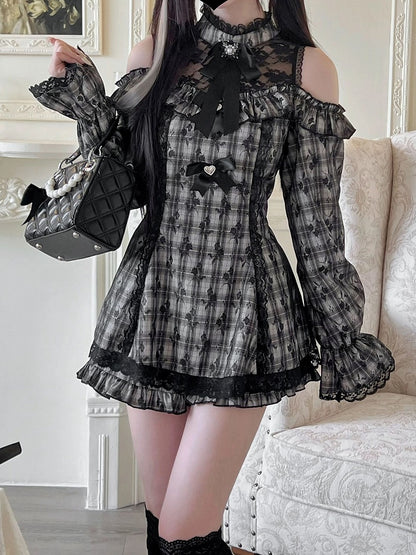 Set Skirt Cutout Shoulder Mini Shorts Jirai Kei Illusion Dress Neckline Plaid with Ruffled Gray Hem