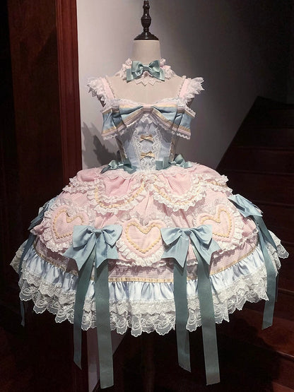 Mint Green Bows Pink and Blue Sweet Lolita Corset Dress with Choker