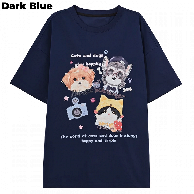 White/Black/Dark Blue Round Neck Puppy and Kitty Print Loose T-Shirt
