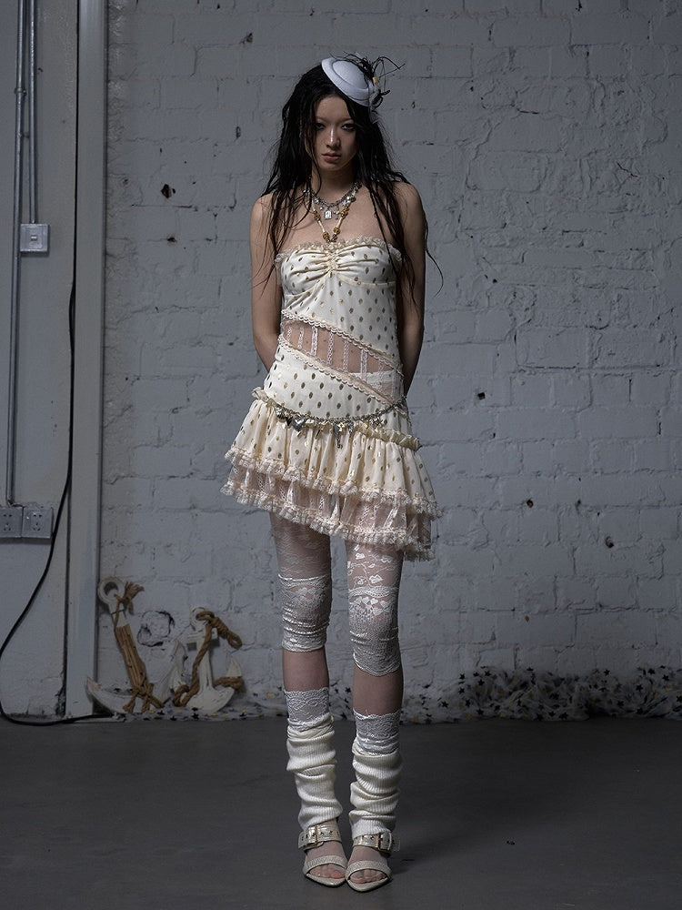 Beige/Black Neck Waist Polka-dot Vintage Halter Lace Patches