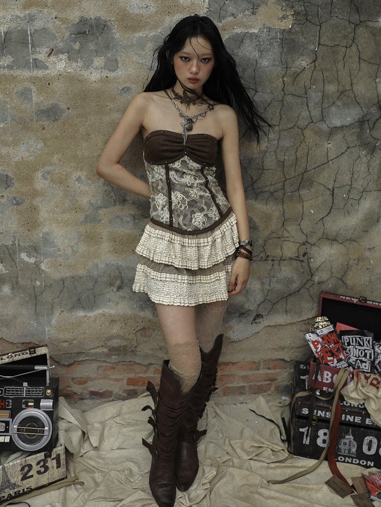 Brown Vintage Wasteland Punk Strapless Dress