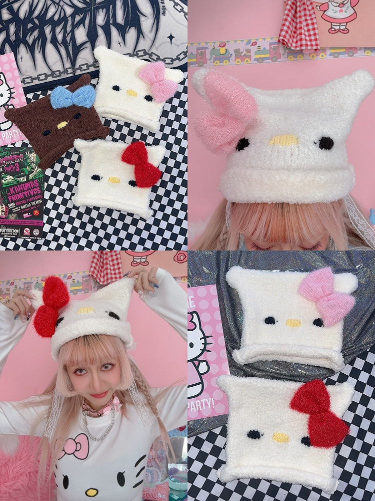 Bonnet tricoté à nœud papillon Y2K avec motif chaton
