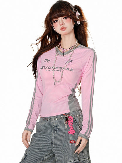 Pink/Schwarz/Marineblaues Sporttop mit Buchstaben-Print und V-Ausschnitt und Streifen