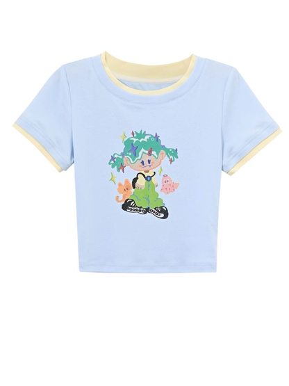 with Necklace Cartoon Girl Print Blue Round Neck Cropped T-shirt Free