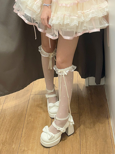 White Bowknot Platform High Block Heels Lolita Shoes