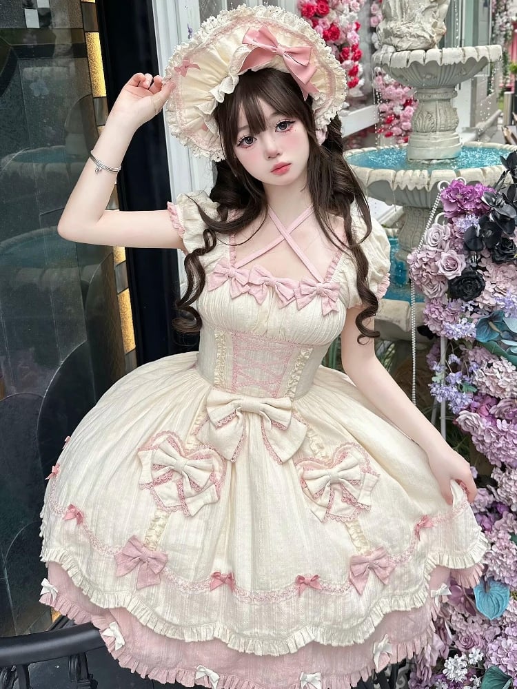 Sleeves Detail Sweet Old School Bowknots Lolita And Dress Yellow Piece One Pink Short Light