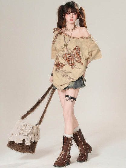 Appliques Brown/White Asymmetrical Glamorous T-shirt Plaid Butterfly Bittersweet Neckline