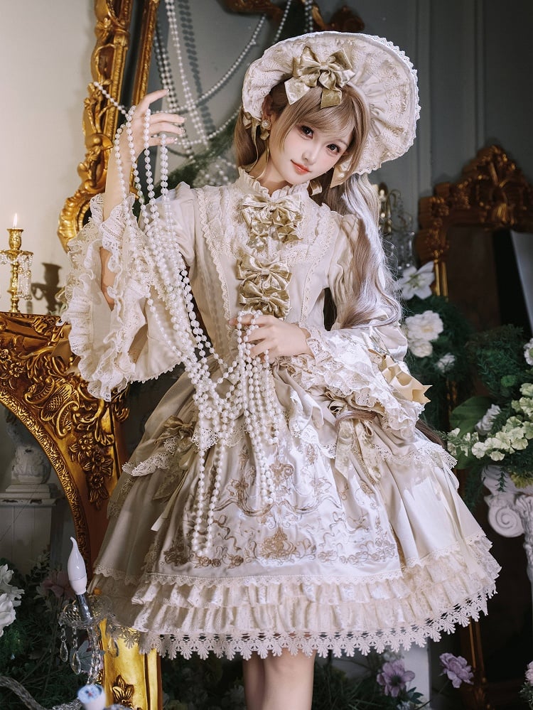 Velvet Candlestick Cream Sleeves Bell Embroidery Dress and Candle