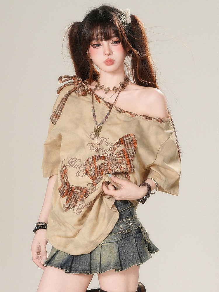 Appliques Brown/White Asymmetrical Glamorous T-shirt Plaid Butterfly Bittersweet Neckline