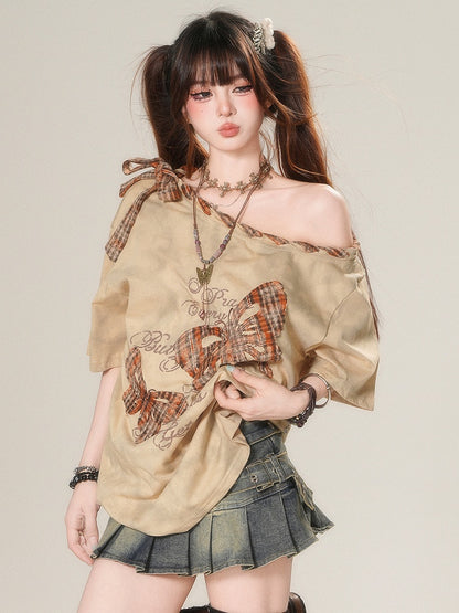 Appliques Brown/White Asymmetrical Glamorous T-shirt Plaid Butterfly Bittersweet Neckline
