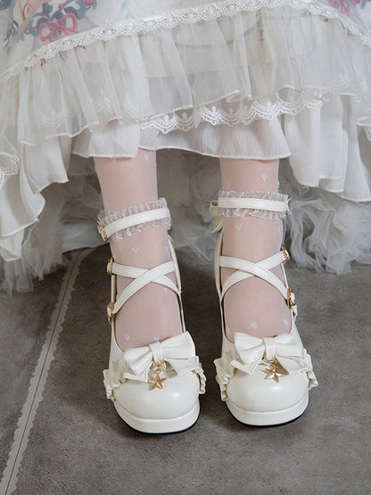 Block Heels with Charm Star Heart White Trim Buckles Lolita Ruffles Top Mid Bow