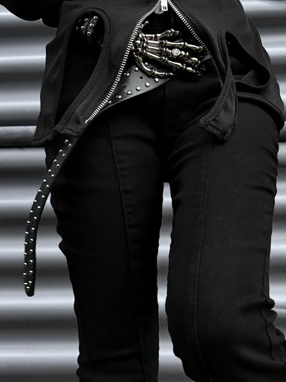 Punk Black High Waist Slim-fit Fishtail Pants with Skeleton Hand Buckle Belt