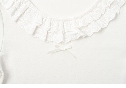 White Lace Trim Round Neck Slim-fit Top