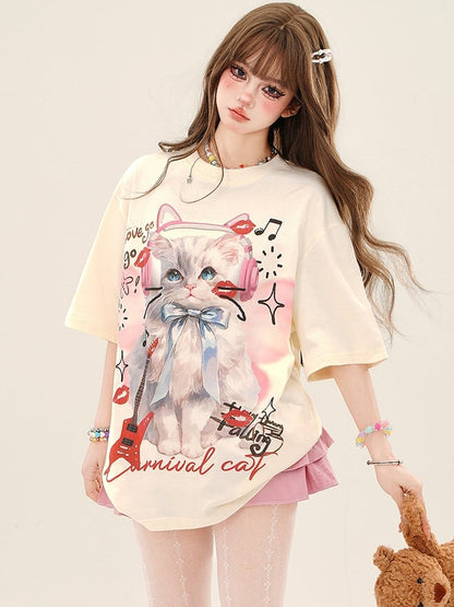 Apricot/Pink Sweet Cat Loose T-shirt