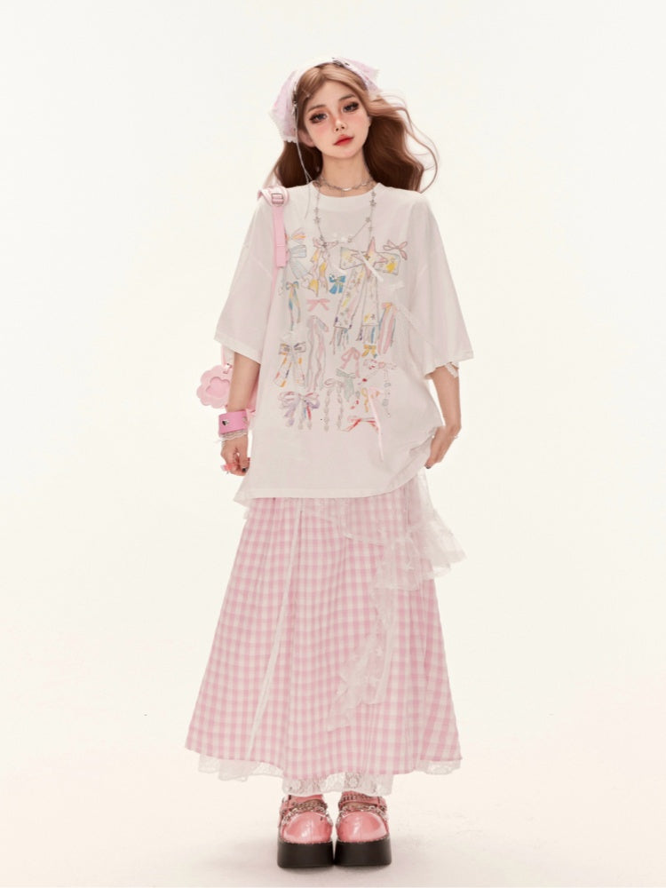 White Round Neck Bowknots Print Summer Loose T-Shirt