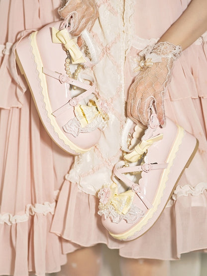 Floral at Platforms Heart Bow Design Beaded Buckle Chain Detachable Pink Lace With Trim Top
