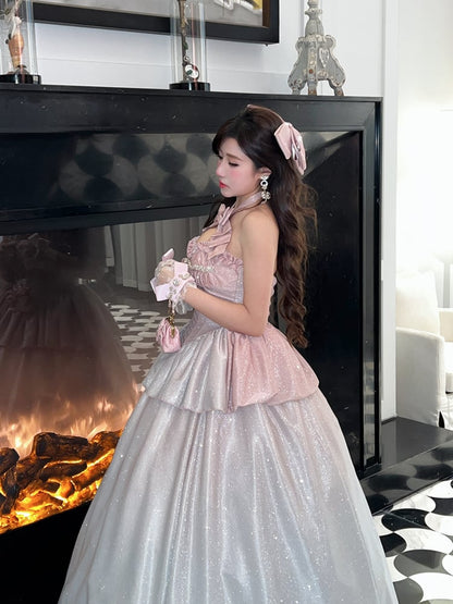 Shimmering Gradient Pink Halter Neck Sweetheart Neckline Top + Long Skirt Birthday Ball Gown