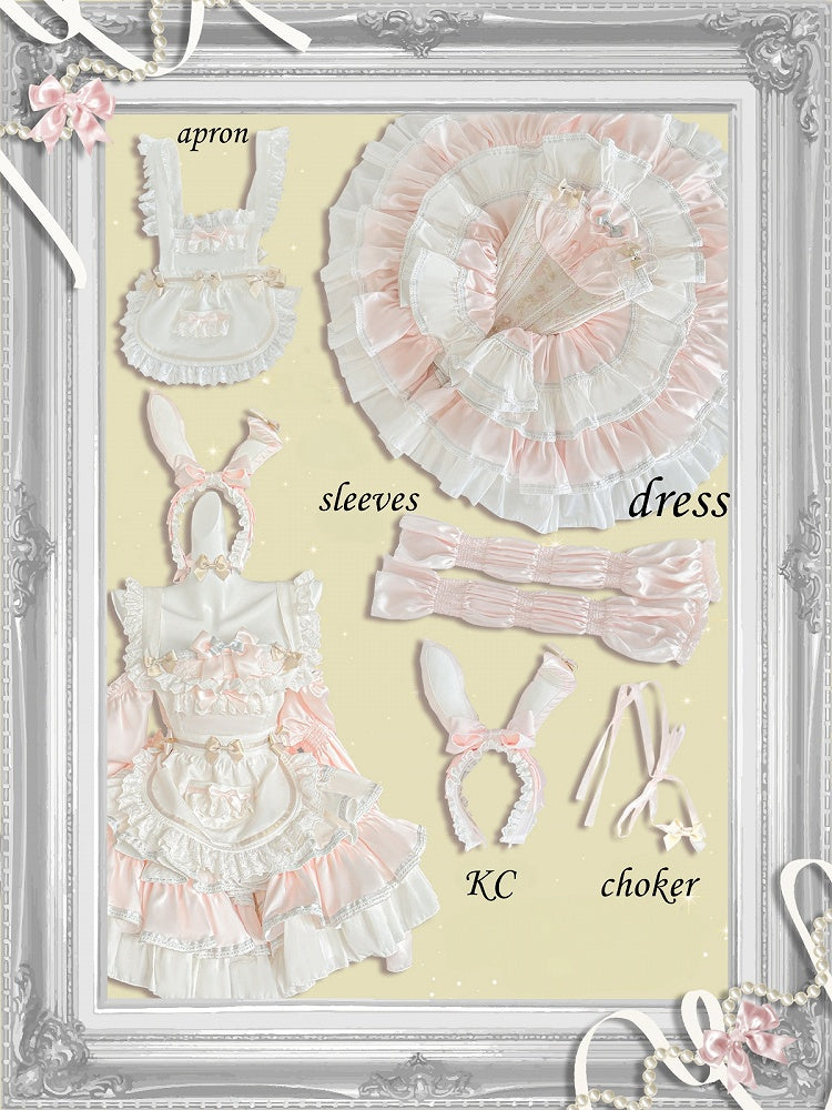 Robe bouffante sans bretelles à volants et taille basque, tablier blanc et rose