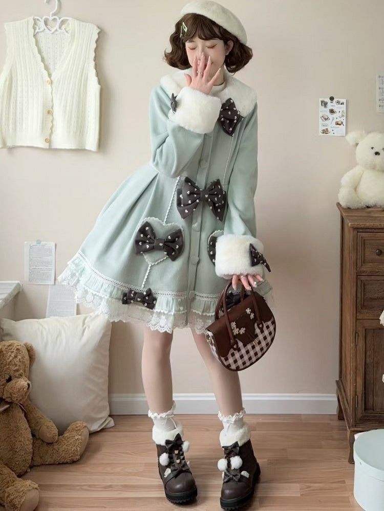 Mint Green Bow Accents Cape Lolita Coat with Lace Trim